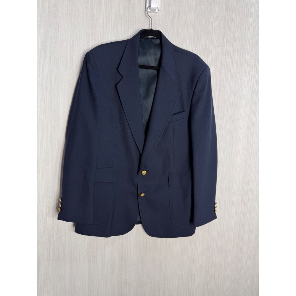 Oakmont Mens Navy Blue Hopsack Blazer Gold Crest Buttons Made in USA 42R